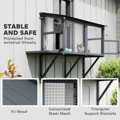 Wooden Cat Catio, Outdoor Cat Enclosure Window Perch With Jumping Platform
