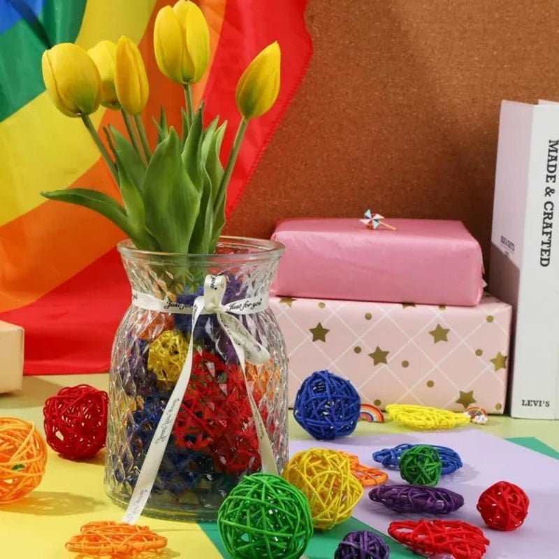 48Pcs Colorful Wicker Rattan Balls Round Heart Shaped Rattan Balls Rainbow Vase Bowl Fillers Aromatherapy Decorative Ball