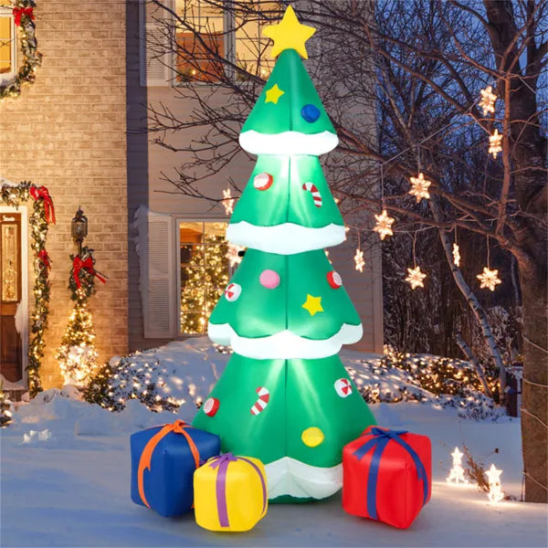 6FT Inflatable Christmas Tree: Multicolored Gift Boxes + Star Top, Built-in LED Lights, Waterproof Polyester