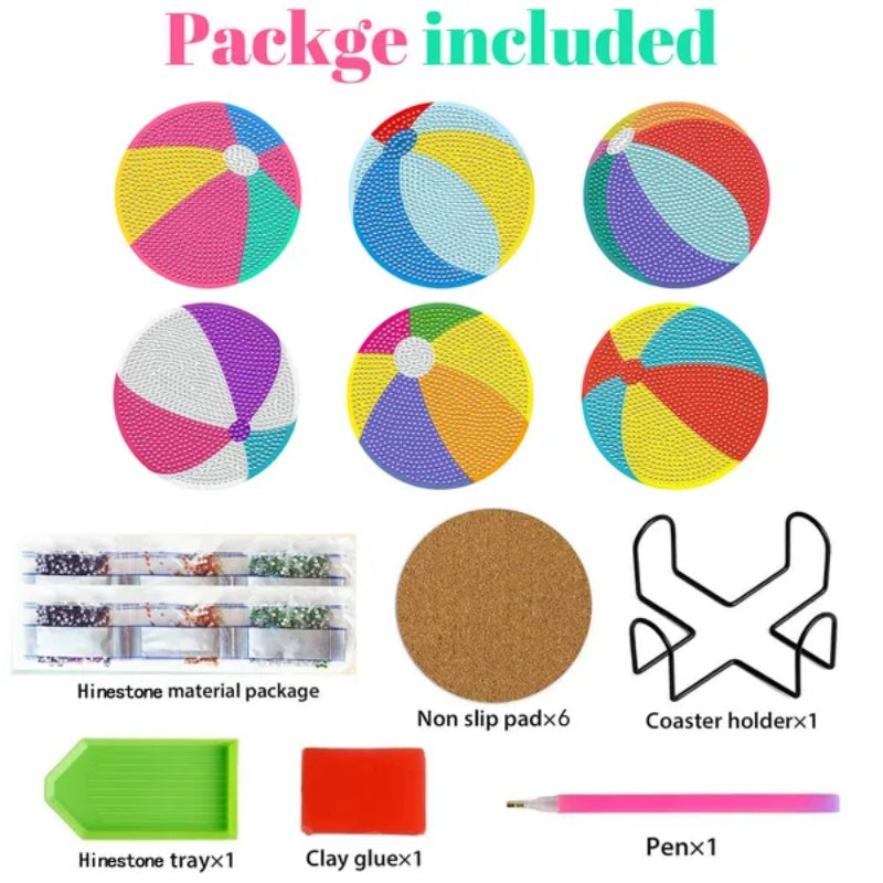 6Pack Beach Balls Rhinestones Art Painting Coaster Kit Summer Holiday DIY Rhinestones Painting Coasters