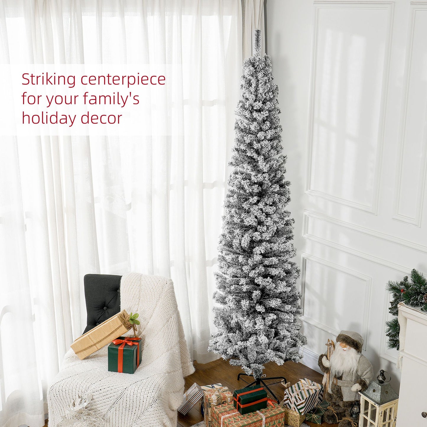 7.5ft Flocked Christmas Tree, Pencil Christmas Tree With Realistic Branch Tips, Folding Metal Stand, Black