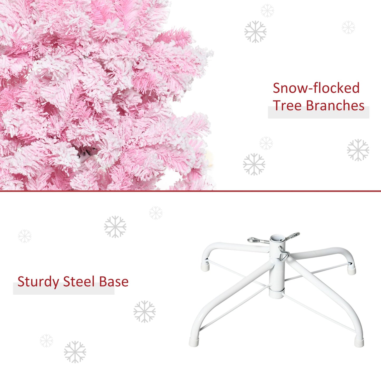 5 FT Snow Flocked Artificial Christmas Tree, Pencil Xmas Tree With Realistic Branches, Auto Open And Steel Base, Pink