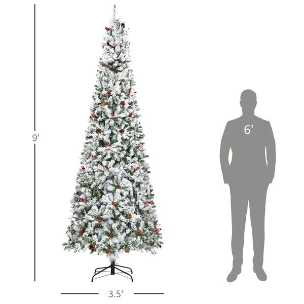 9-foot Pencil Snow Flocked Artificial Christmas Tree With 1350 Pine Realistic Branches, Pine Cones, Red Berries, Auto Open, Green