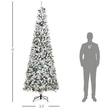 9-foot Pencil Snow Flocked Artificial Christmas Tree With 1350 Pine Realistic Branches, Pine Cones, Red Berries, Auto Open, Green