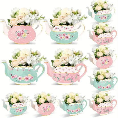24 Pieces Tea Party Decorations Flower Boxes Spring Theme Princess Party Centerpiece Decorations 4 Style Cute Teapot Shape DIY Flower Box For Birthday Mother's Day Wedding Shower Party Table Decor