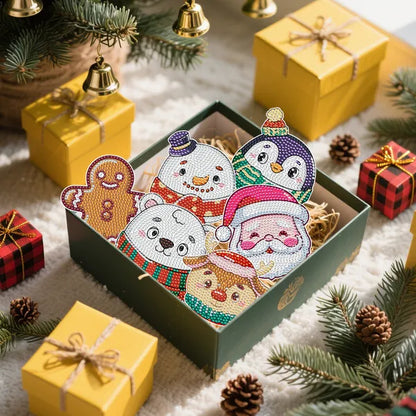 6 Packs Christmas Rhinestones Art Coasters With Holder Snowman Gingerbread Man Penguin Santa Claus Pattern Gift Non Slip Acrylic Cup Coaster 5D DIY Full Drill Rhinestones Dots Art