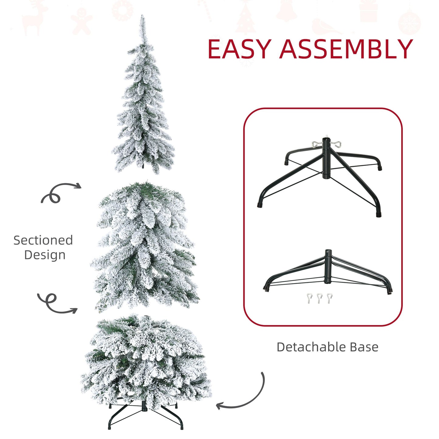 6' Artificial Slim Flocked Christmas Trees, With Snow Frosted Branches, Downswept Shape, Steel Base