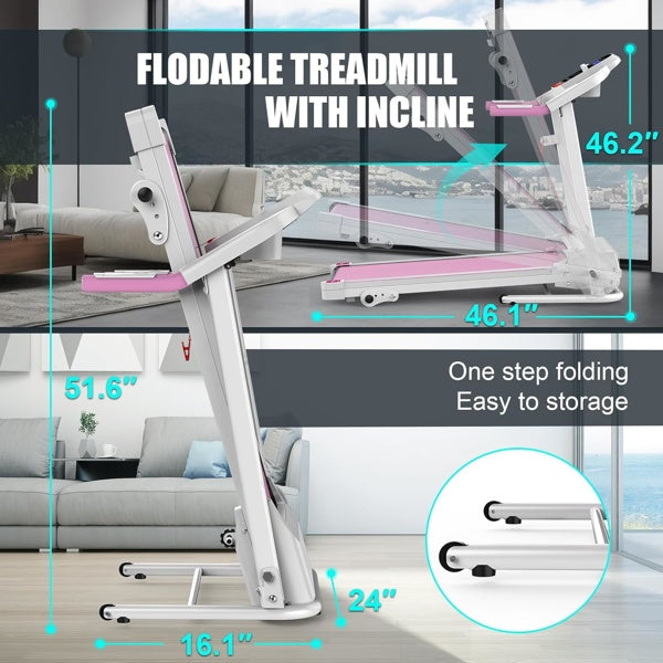 Compact Folding Treadmill For Home - 2.5HP Quiet Brushless Motor, 3-Level Incline