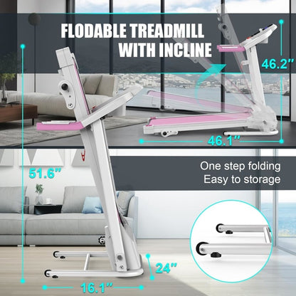 Compact Folding Treadmill For Home - 2.5HP Quiet Brushless Motor, 3-Level Incline