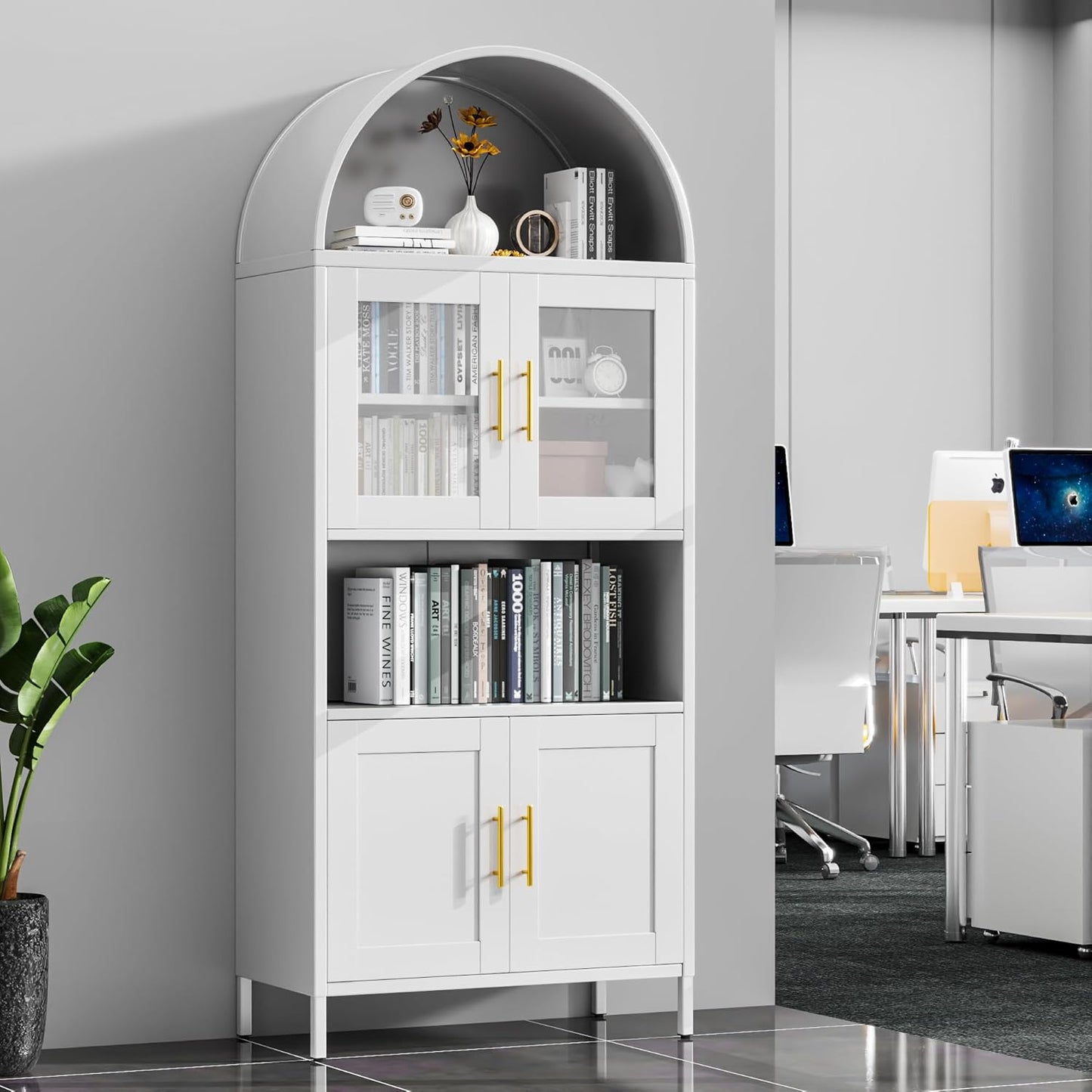 73 In Tall Metal Arched Cabinet, Kitchen Pantry Cabinet With Glass Door, Modern Farmhouse Arched Bookcase With 2 Adjustable Shelves For Living Room, White, Assembly Required