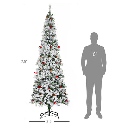 7.5 Foot Pencil Snow Flocked Artificial Christmas Tree With 950 Pine Realistic Branches, Pine Cones, Red Berries, Auto Open, Green
