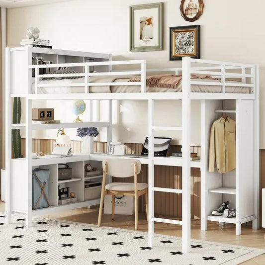 Metal Loft Bed With Wardrobe And L-shaped Desk, Full Size Loft Bed With Storage Cubes And Shelves, Heavy Duty Loft Bed For Kids Teens Adults, White