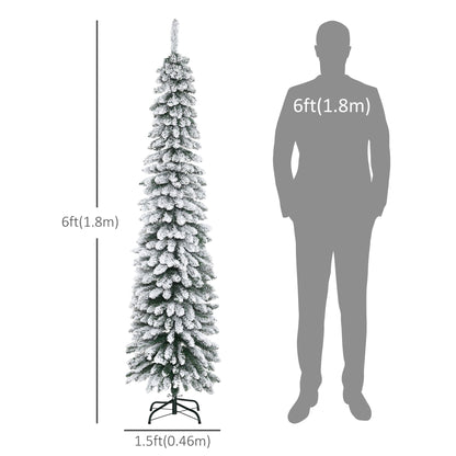 6 Ft Snow-Flocked Artificial Christmas Tree, Slim Pencil Xmas Tree With Realistic Branches, Metal Base, Green