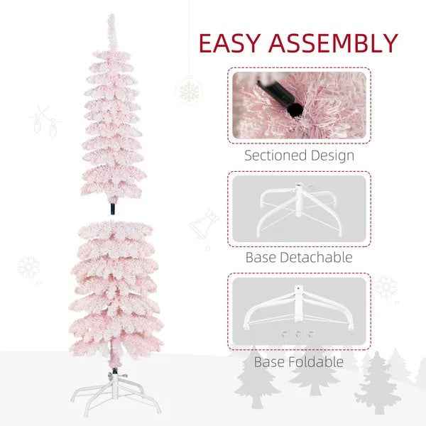 5ft Snow-Flocked Artificial Christmas Tree, Slim Pencil Xmas Tree With 301 Realistic Branches, Metal Base,
