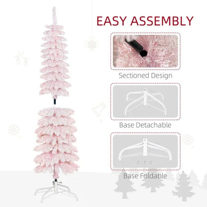 5ft Snow-Flocked Artificial Christmas Tree, Slim Pencil Xmas Tree With 301 Realistic Branches, Metal Base,