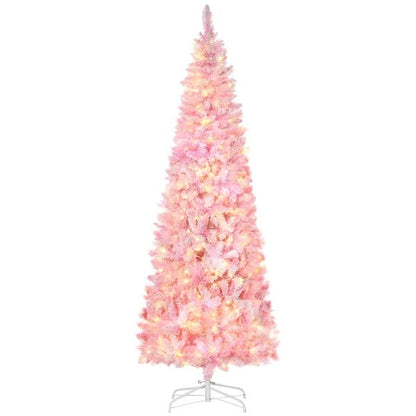 7.5 Foot Prelit Snow Flocked Artificial Christmas Tree With Pencil Shape, 700 Pine Realistic Branches, Warm White LED Lights, Auto Open, Pink And White