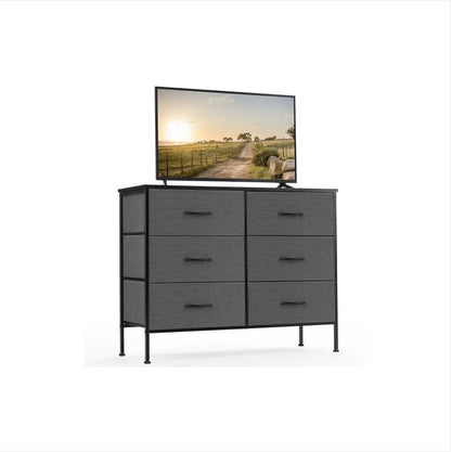 Dresser For Bedroom 6 Drawers Wide Fabric Storage Units Chest Of Drawers For Bedroom With Metal Frame And Wooden Top For TV