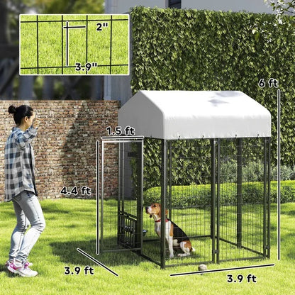 Welded Wire Outdoor Dog Kennel With 360 Rotating & 4 Levels Adjustable Bowls, Waterproof Cover