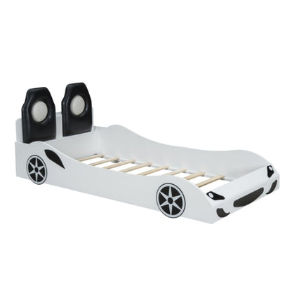 Wood Twin Size Race Car-Shaped Platform Bed With LED And Upholstered Backrest, White