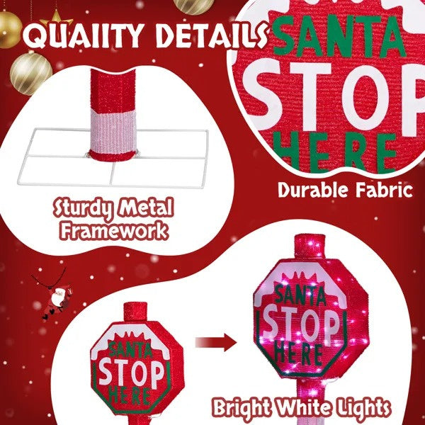 Lighted STOP Sign Christmas Yard Decorations, Pre-lit Road Sign SANTA STOP HERE With 70 LED White Lights And Stakes For Xmas Outdoor Holiday Indoor Decor Lighted Holiday Displays