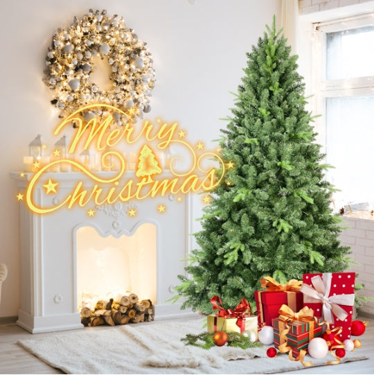 Artificial 7.5ft Green Christmas Tree With 2155PVC Hard Needle Mixed Branch Tips, Memory Wire Iron Wire, Hinged Premium & Foldable Base For Indoor Holiday Decorating