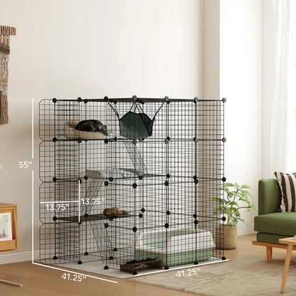 DIY 4 Tier Cat Cage Indoor With Hammock, Ramps, Jumping Platforms, Doors, Cat Enclosure For 1-3 Cats, 3 X 3 X 4, Black