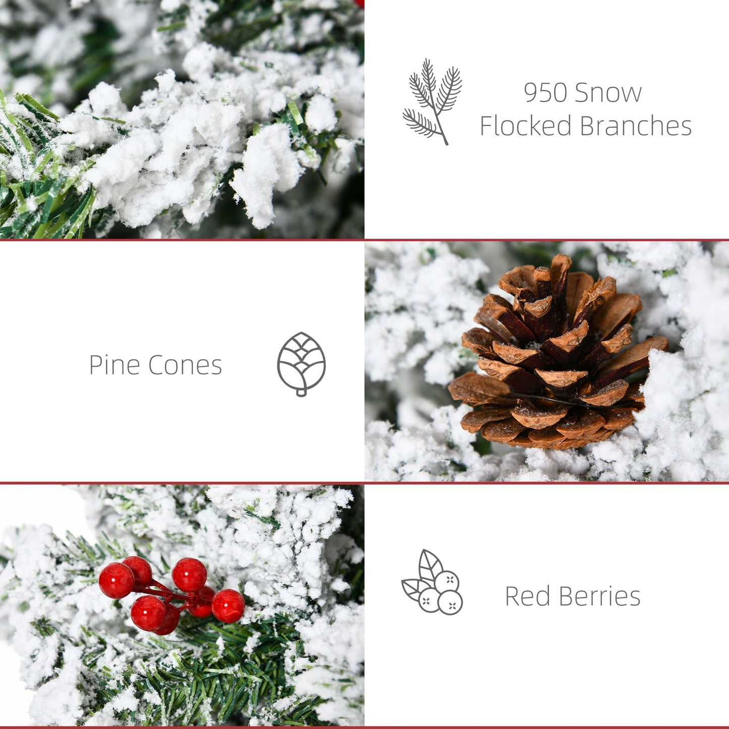 7.5 Foot Pencil Snow Flocked Artificial Christmas Tree With 950 Pine Realistic Branches, Pine Cones, Red Berries, Auto Open, Green