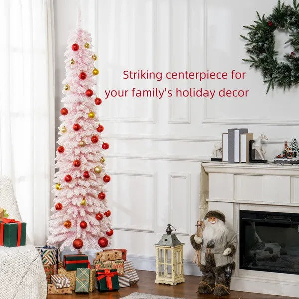 7ft Snow-Flocked Artificial Christmas Tree, Slim Pencil Xmas Tree With 490 Realistic Branches, Metal Base