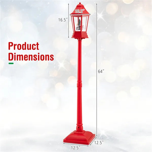 64" Christmas Streetlamp Decor: Santa/Snowman/Tree Scene, 60 Warm White LEDs, 8 Tunes, 2 Modes (Stand/Tabletop), Red, 12.5×12.5×64", 4.5lbs