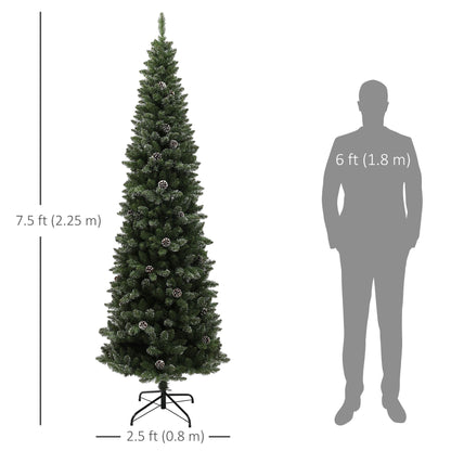7ft Artificial Pencil Christmas Tree With 980 Branches, Pinecones, Metal Stand, Realistic Xmas Tree For Home